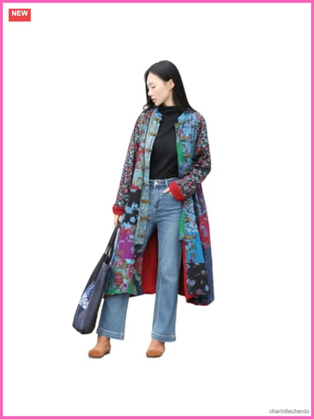 Cotton Linen Long Jacket with Patchwork Cottagecore Style